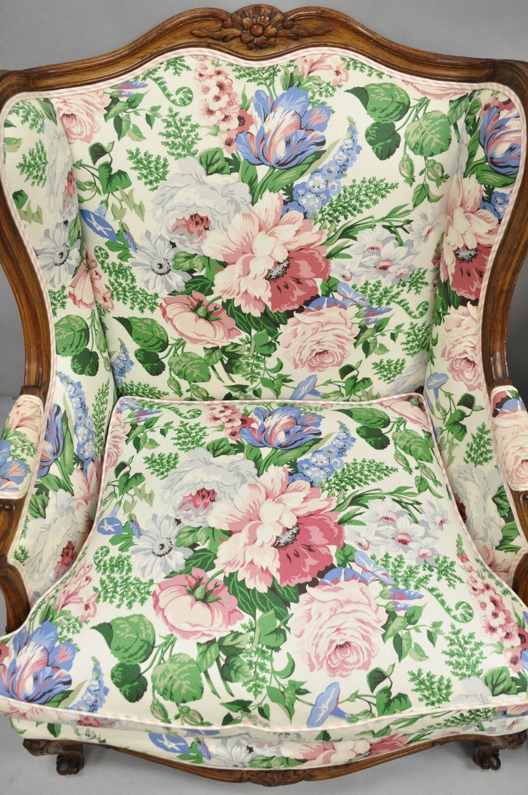 Antique French Country Louis XV Style Carved Walnut Bergere Wingback Chairs Pair