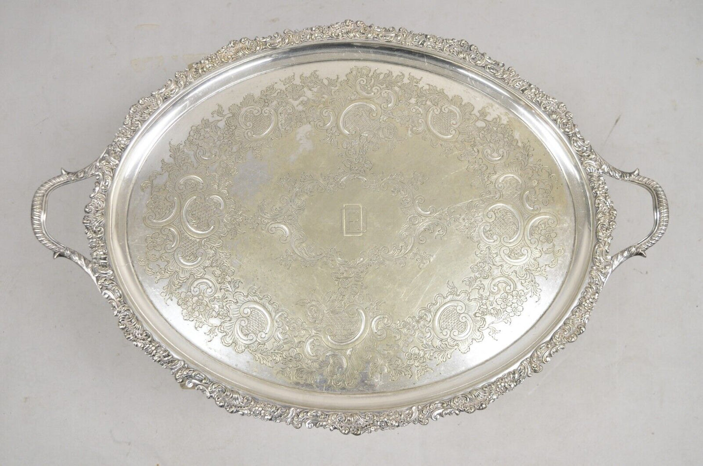 Antique English Victorian Silver Plated Oval Serving Platter Tray "RDD" Monogram