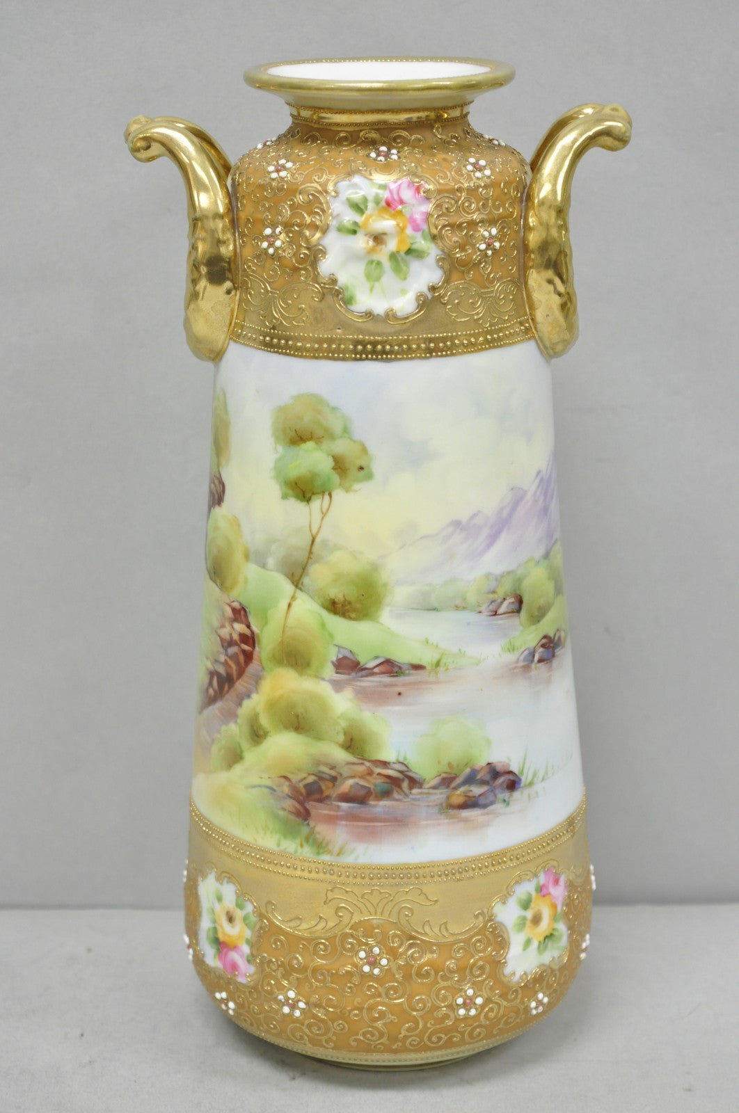 Antique Nippon Hand Painted Lake Scene Art Nouveau Twin Handle Porcelain Vase