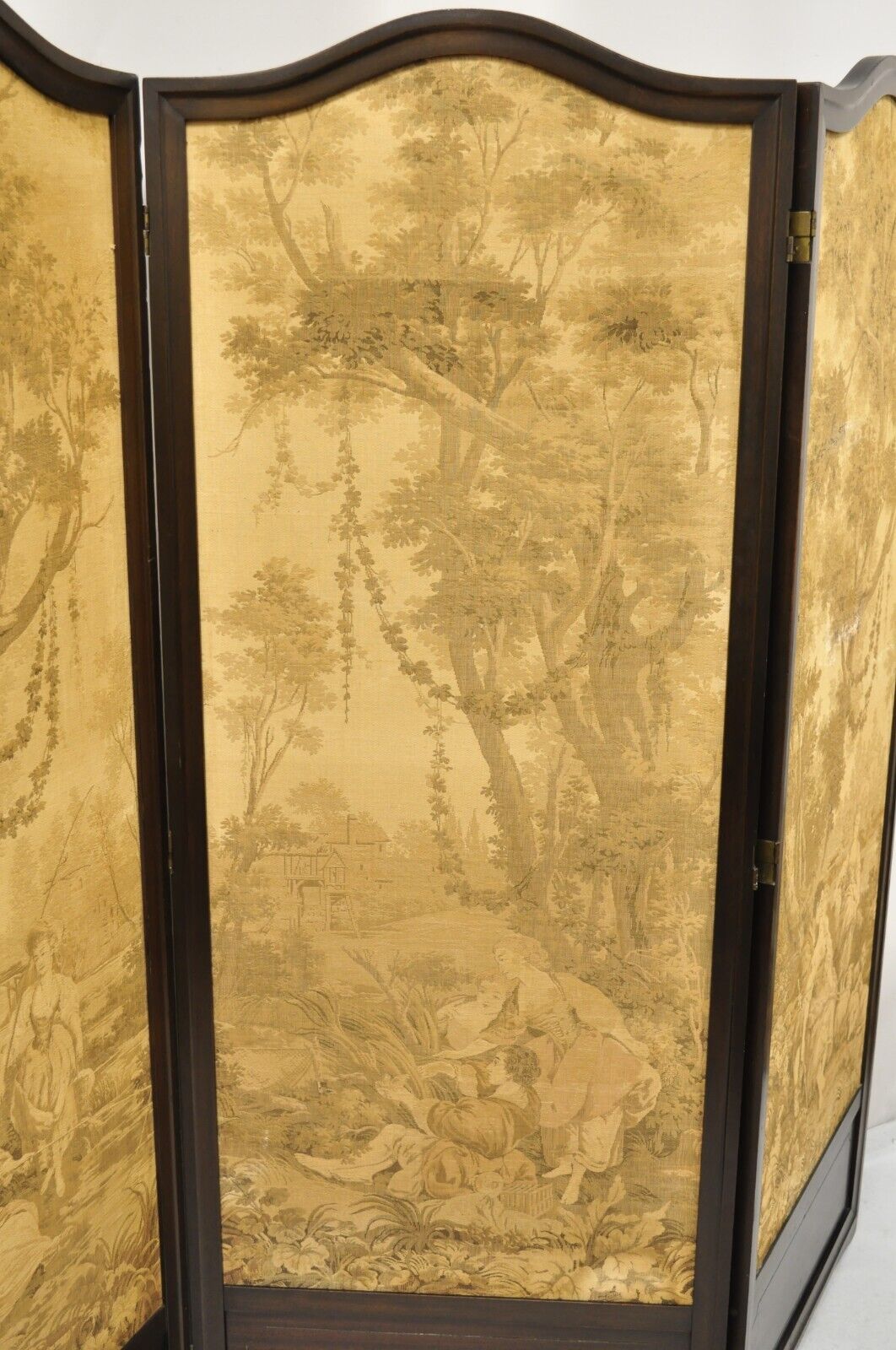 Antique Victorian French Tapestry Mahogany Frame 3 Panel Screen Room Divider
