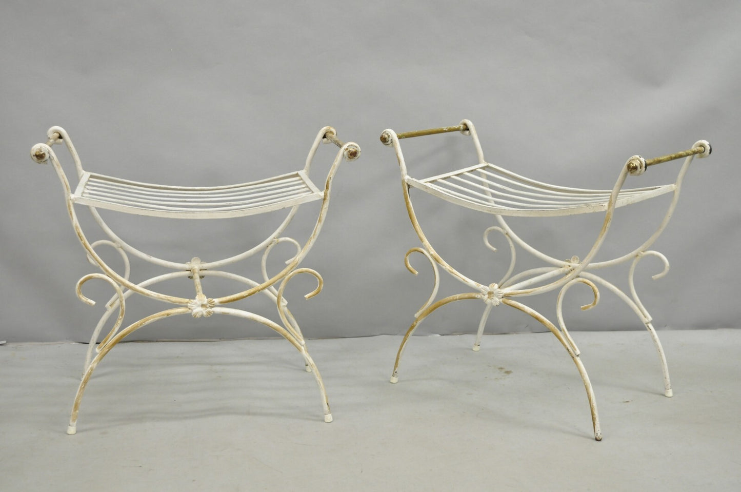 Vintage Italian Regency Wrought Iron & Brass Curule X Frame Stool - a Pair