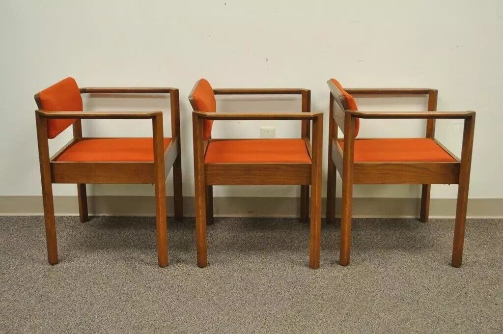 Vintage Kimball Mid Century Modern Oak Stacking Dining Arm Chairs - Set of 3