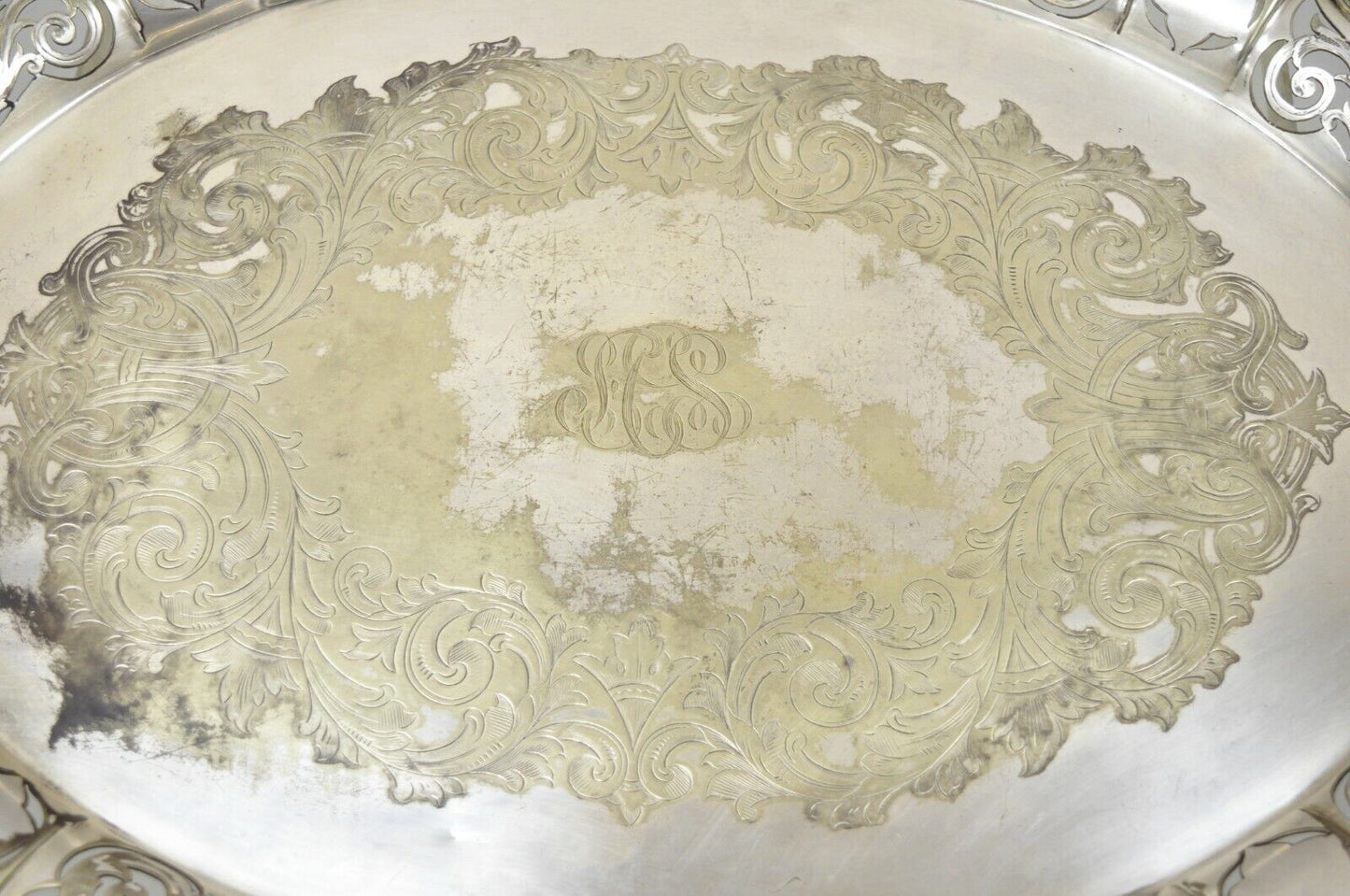 Antique D & H England 24" Silver Silver Plated Pierced Scalloped Platter Tray
