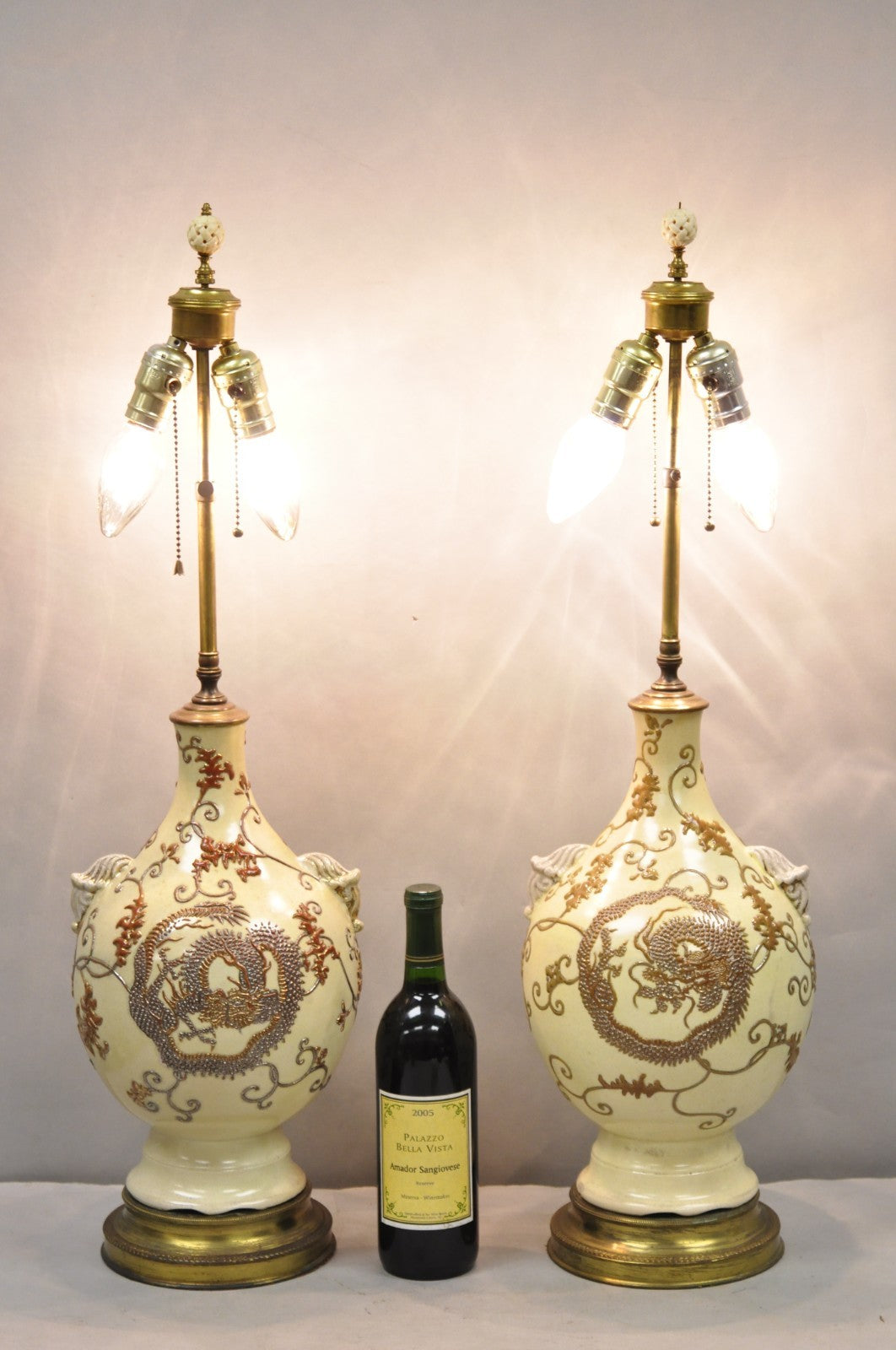 Antique Japanese Ceramic Beige Figural Dragon Vase Form Table Lamps - a Pair