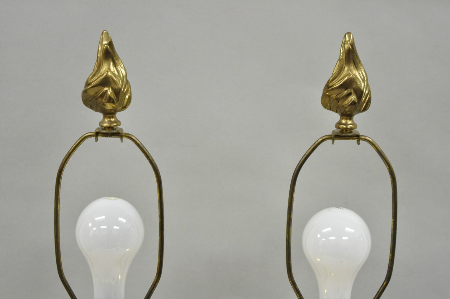 Vintage Hollywood Regency Brass Empire Green Column Gold Table Lamps - a Pair