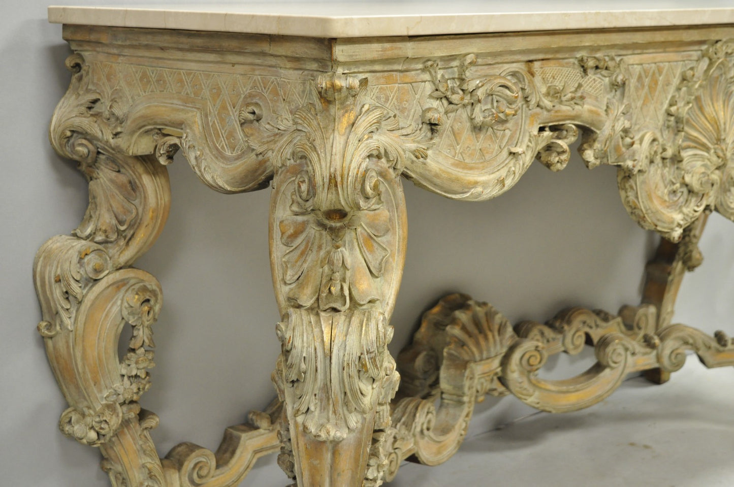 Antique French Louis XV Rococo Style Shell Carved 68" Marble Top Console Table