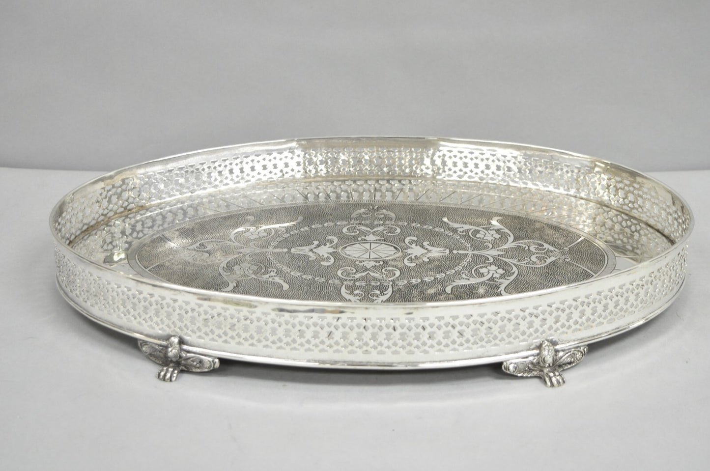 Vintage English Edwardian Style Oval Silver Plated Raised Gallery 21" Bar Tray