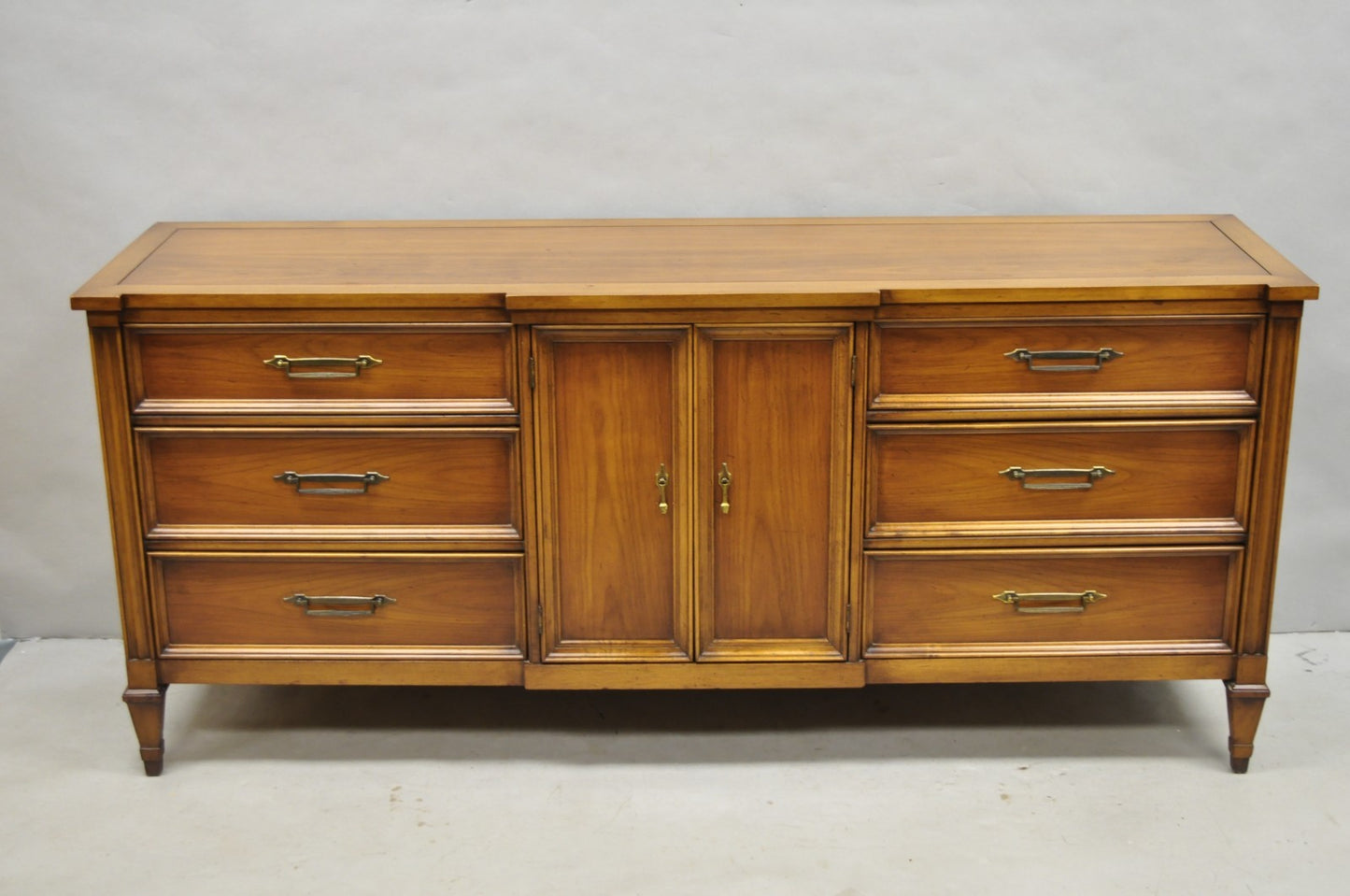 Vintage French Provincial Cherry Wood White Furn. 9 Drawer Credenza Long Dresser