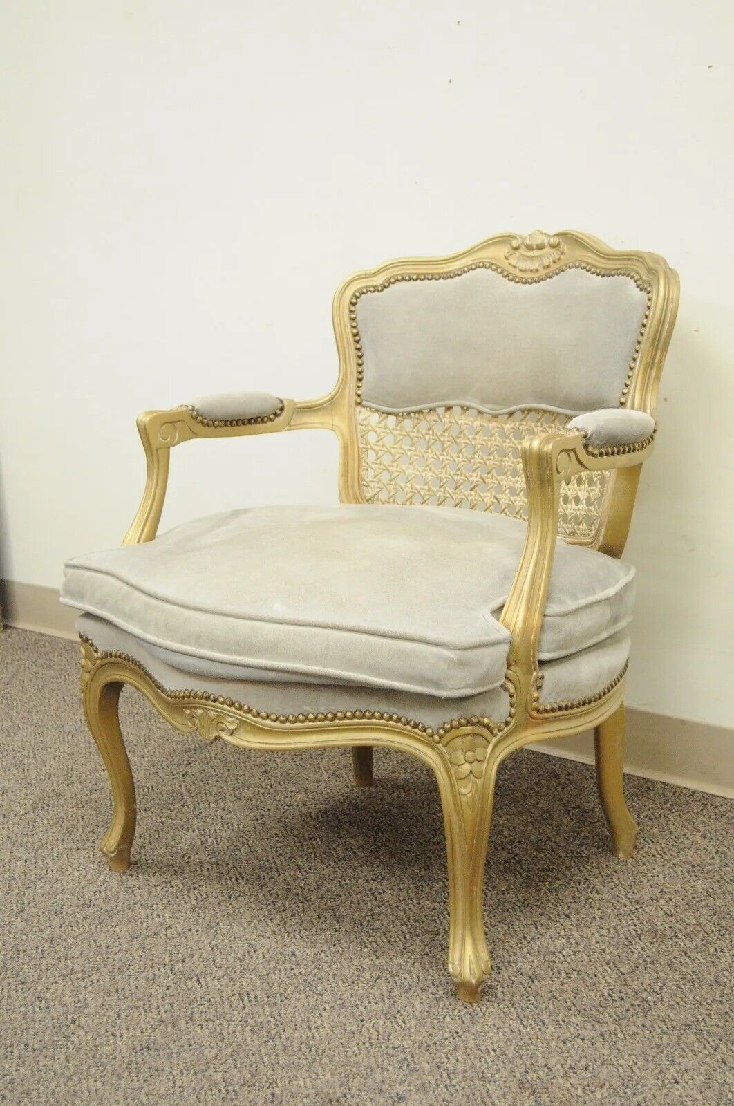 Fratelli Boffi French Louis XV Style Gold Gray Suede Cane Bergere Arm Chair