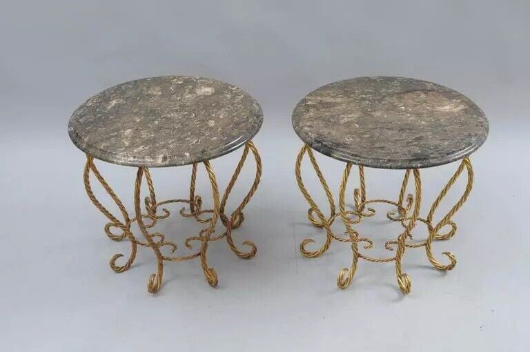 Italian Hollywood Regency Gold Gilt Iron Rope Round Marble Top Low Tables - Pair