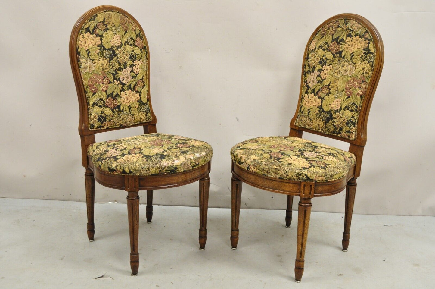 Vintage French Provincial Louis XVI Style Walnut Upholstered Side Chairs - Pair