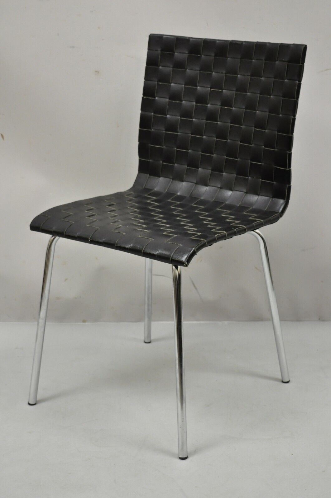 Modern Black Woven Leather Chrome Frame Dining Chairs - Set of 4