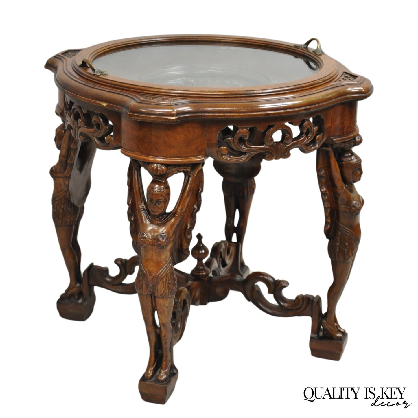 Antique French Renaissance Carved Female Dancer Walnut Display Tray Coffee Table