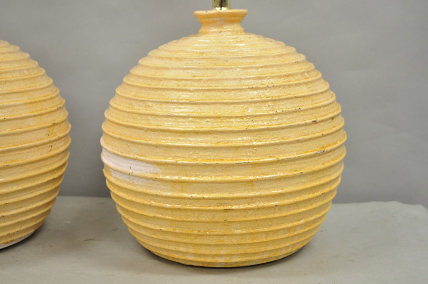 Vintage Mid Century Modern Lacquered Fiberglass Round Beehive Table Lamps - Pair