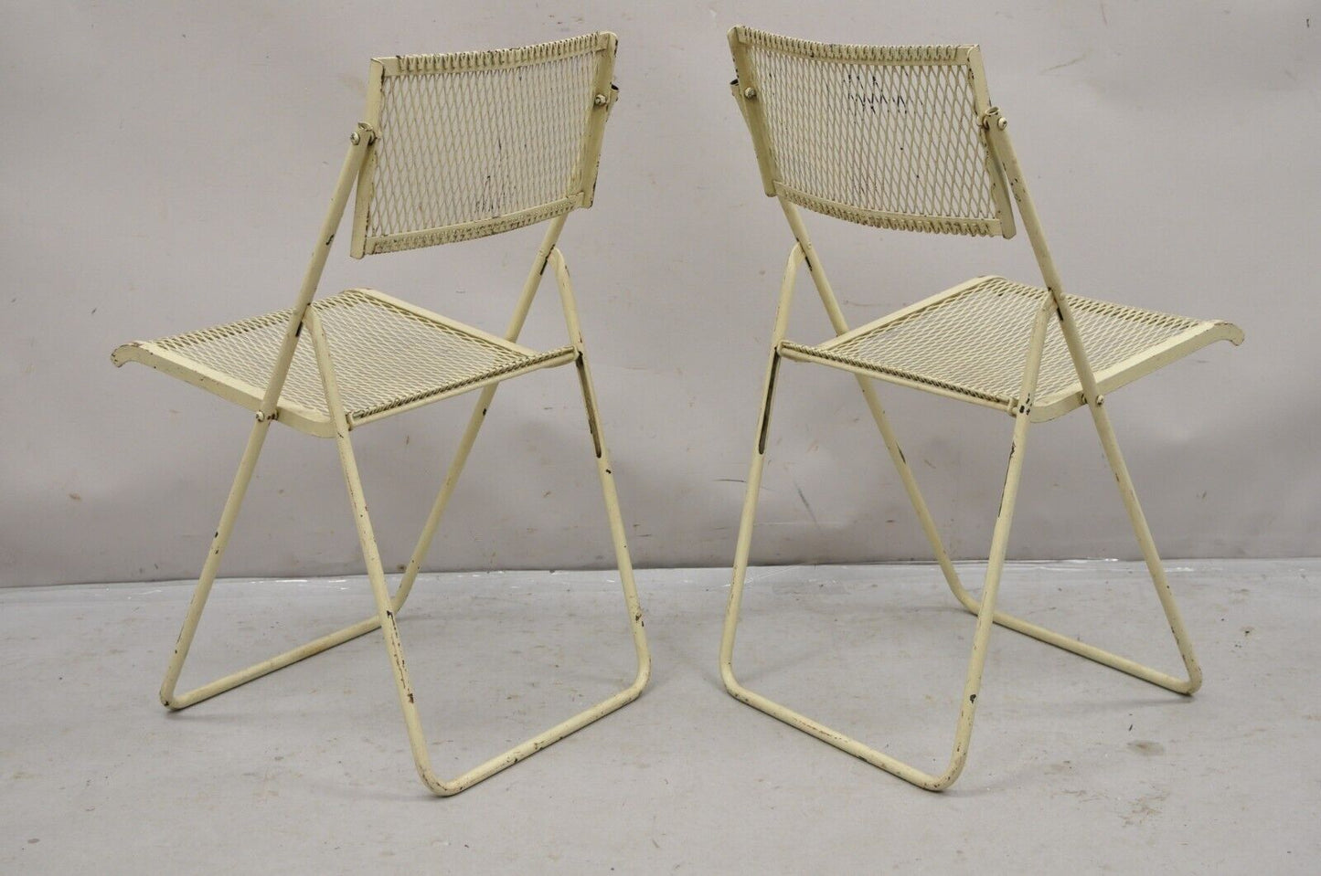 Vintage Mid Century Wrought Iron Industrial Folding Card Game Table Set 5 Pc Set