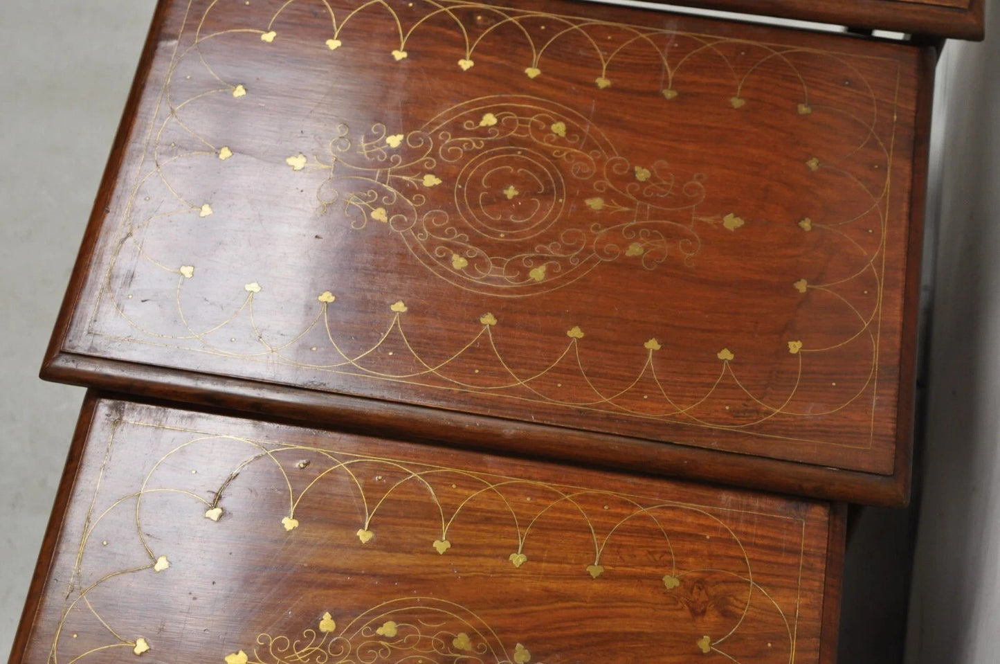 Antique Anglo Indian Brass Marquetry Inlay Nesting Side End Tables - Set of 4