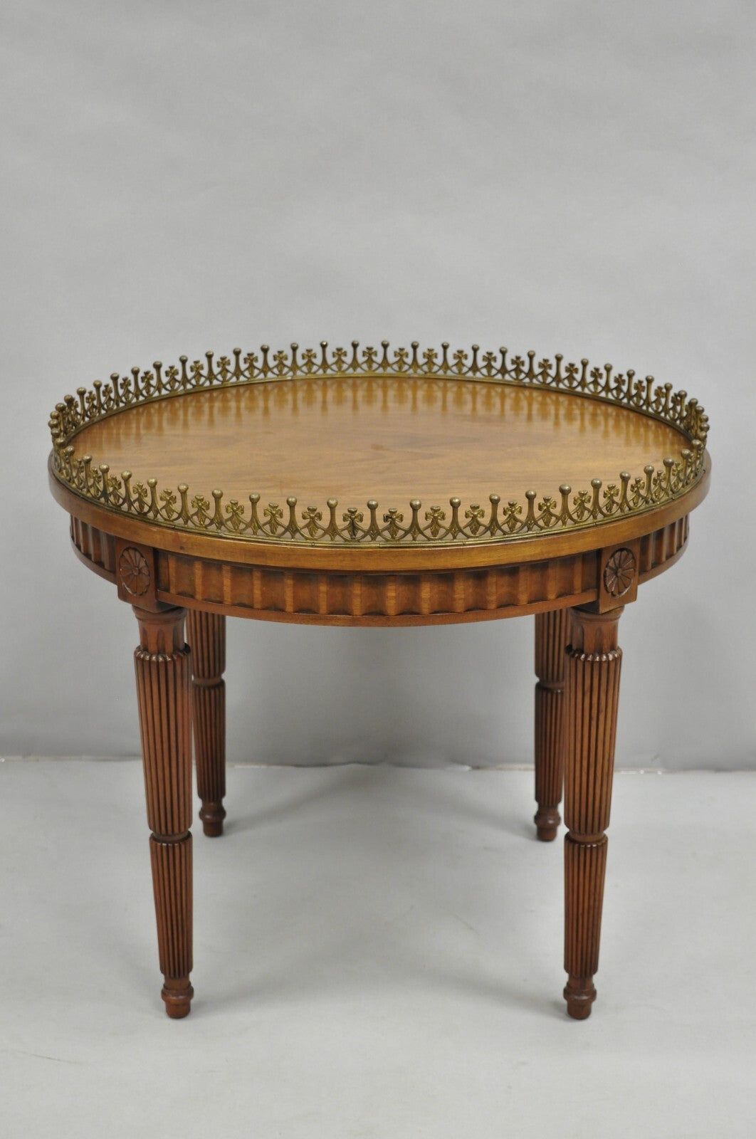 Vintage French Empire Mahogany 25" Round Coffee Table with Brass Gallery