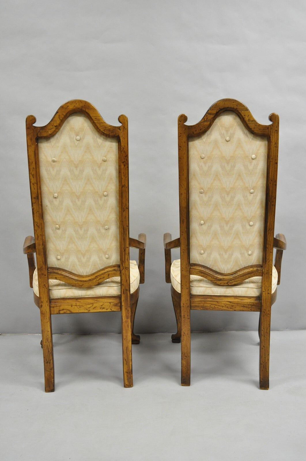 Vintage Italian Provincial Hollywood Regency Oak Wood Dining Arm Chairs - a Pair