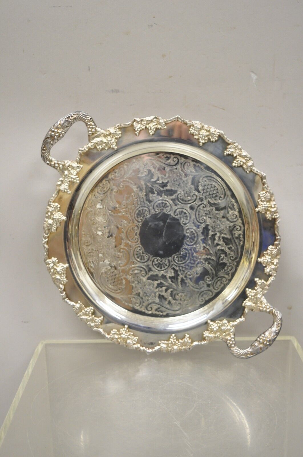 Vintage Crescent Silver Plate 17" Grape Vine Pattern Round Platter Tray