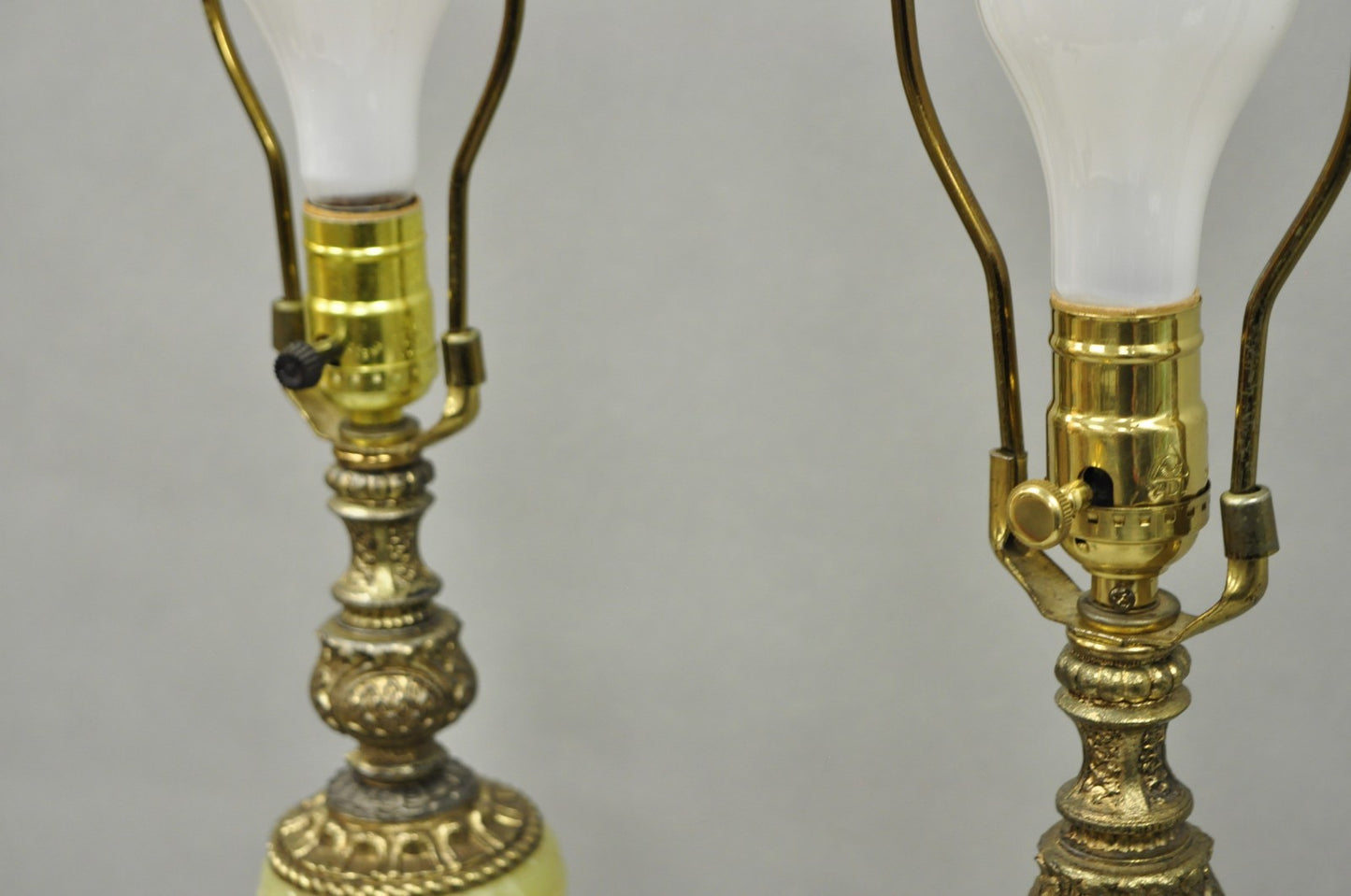 Vintage French Baroque Hollywood Regency Green Onyx Brass Table Lamps - a Pair