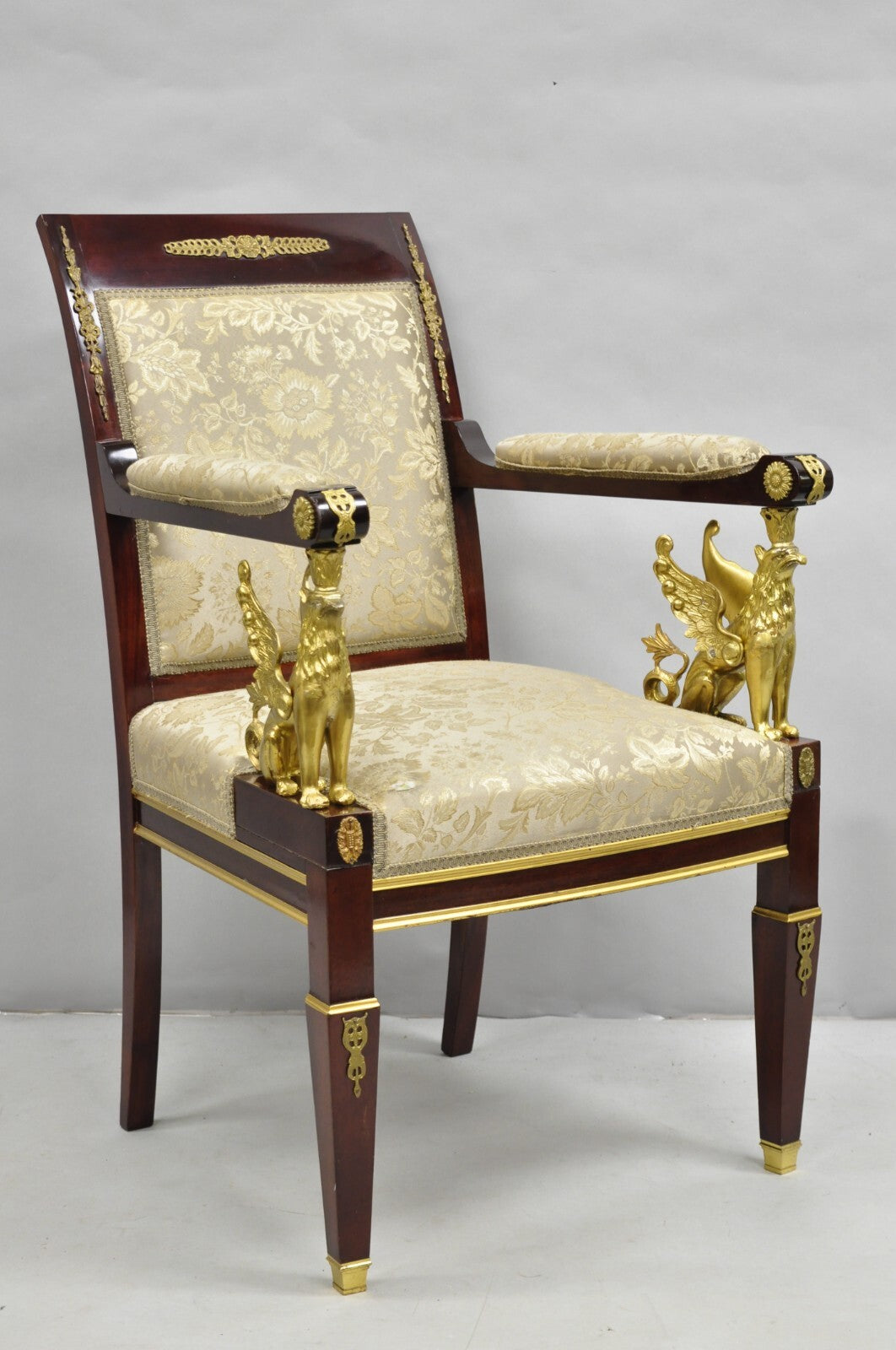 French Empire Revival Green Leather Top Bronze Griffin Mahogany Desk & Chair