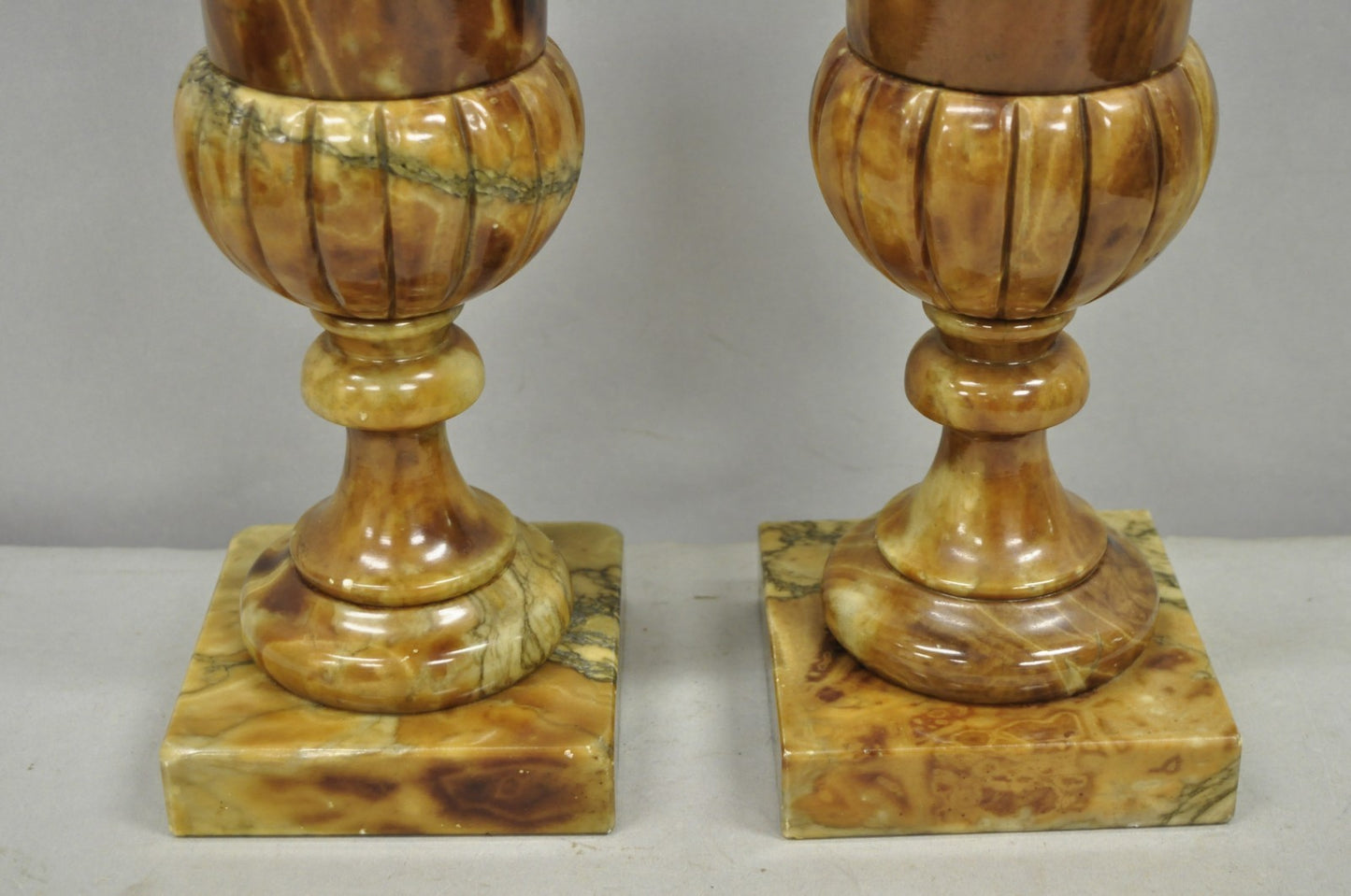 Vintage French Empire Style Polished Brown Marble Urn Form Table Lamps - a Pair