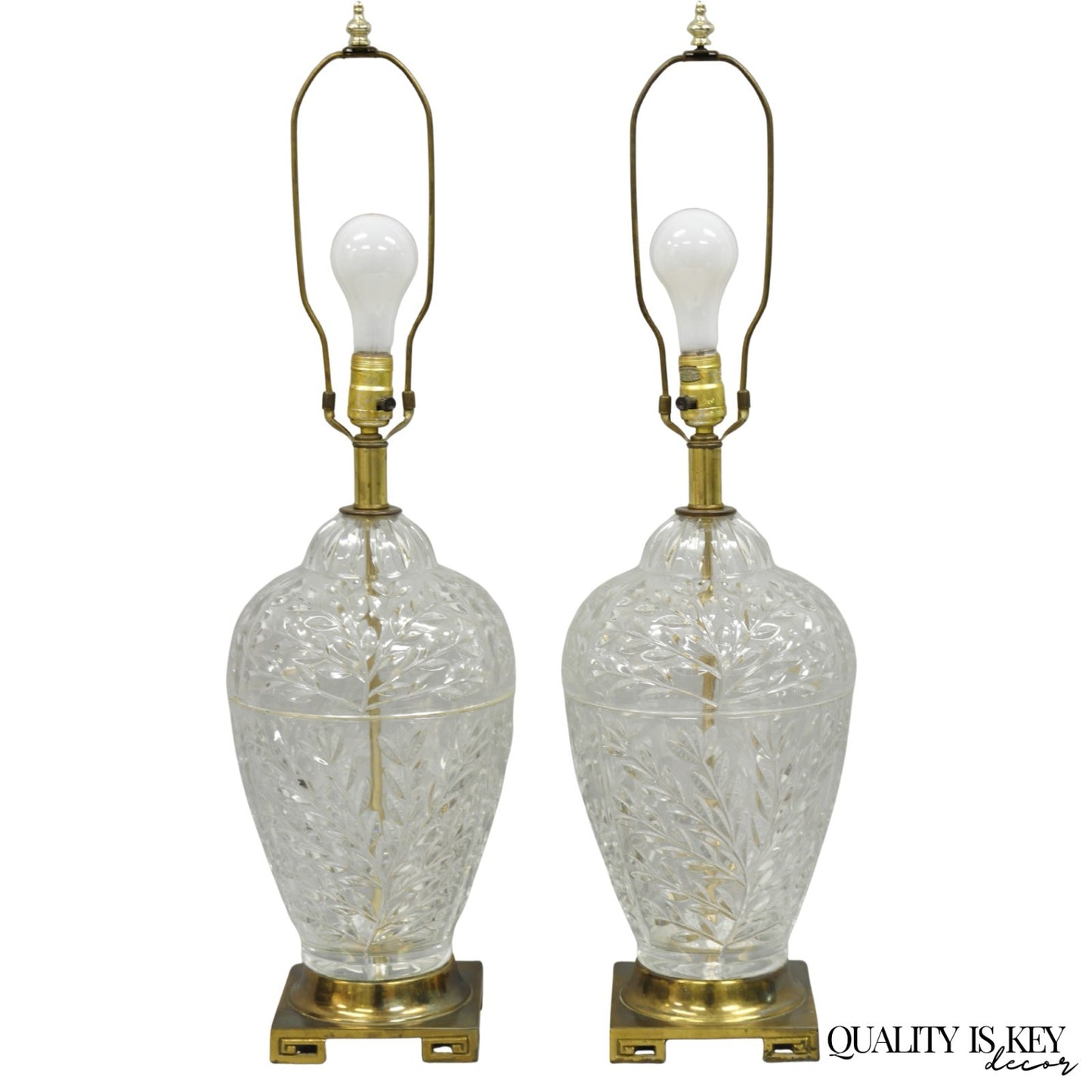 Vintage Chinoiserie Heavy Leaded Glass Wheat Sheaf Ginger Jar Table Lamps, Pair