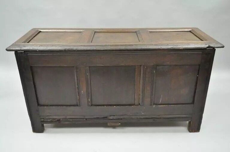 19th C. European Renaissance 3 Panel Solid Oak Wood Coffer Blanket Chest Trunk