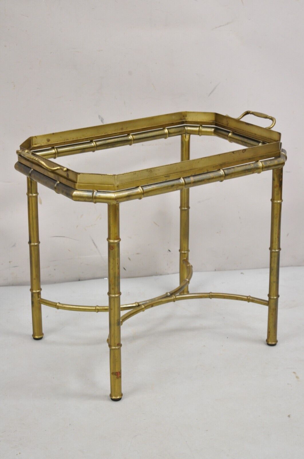 Vintage Italian Hollywood Regency Brass Faux Bamboo Tray Top Accent Side Table