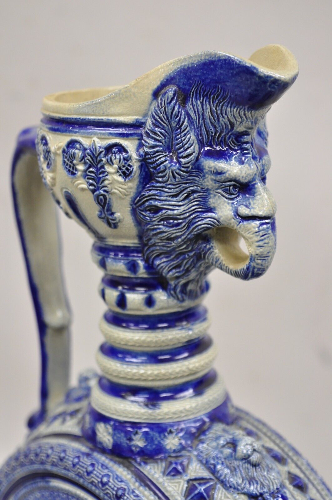 Antique Westerwald German Cobalt Blue Figural Stoneware Pottery Jug Pitcher