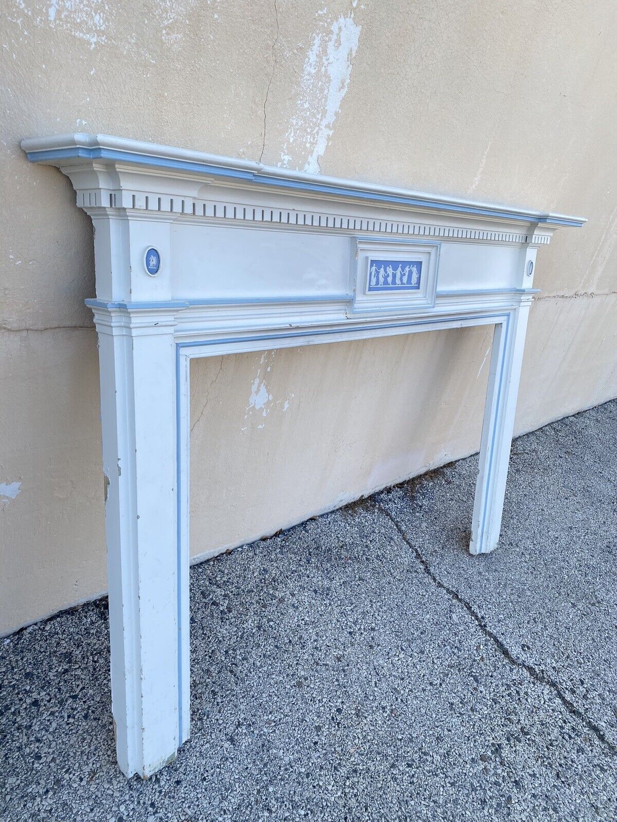 Antique Georgian Neoclassical White Painted Fireplace Mantel w/ Wedgwood Plaques