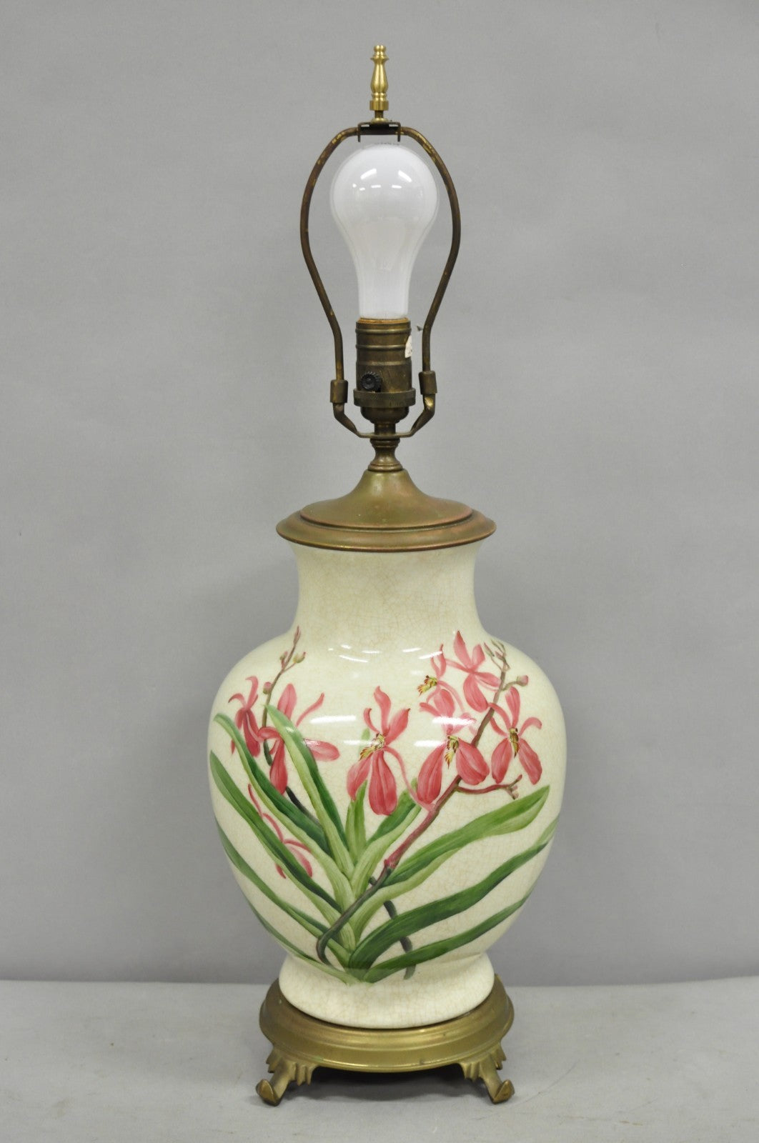 Vintage Art Nouveau Style Pink Flower Painted Porcelain Table Lamp by Wildwood
