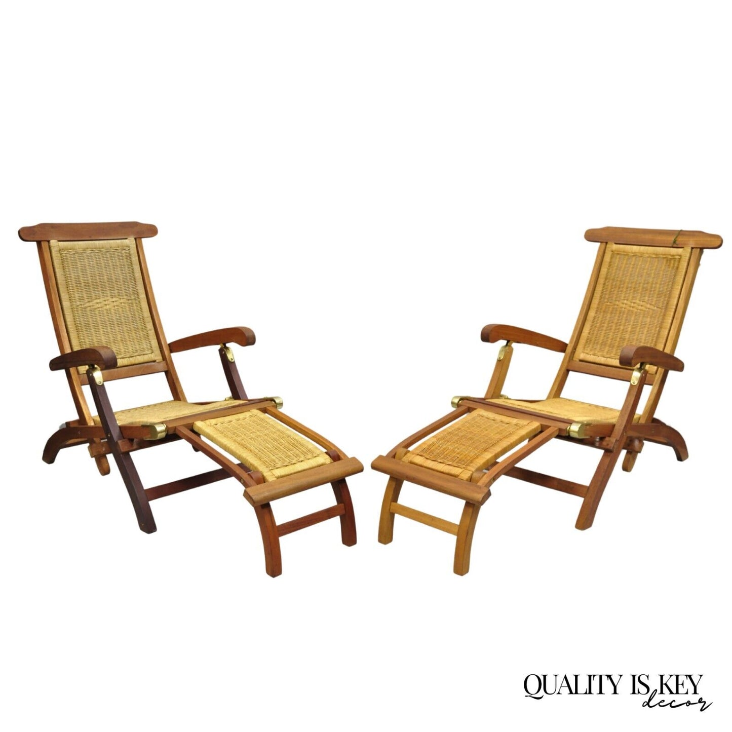 Park Royal British Colonial Hardwood & Wicker Plantation Folding Deck Chair Pair