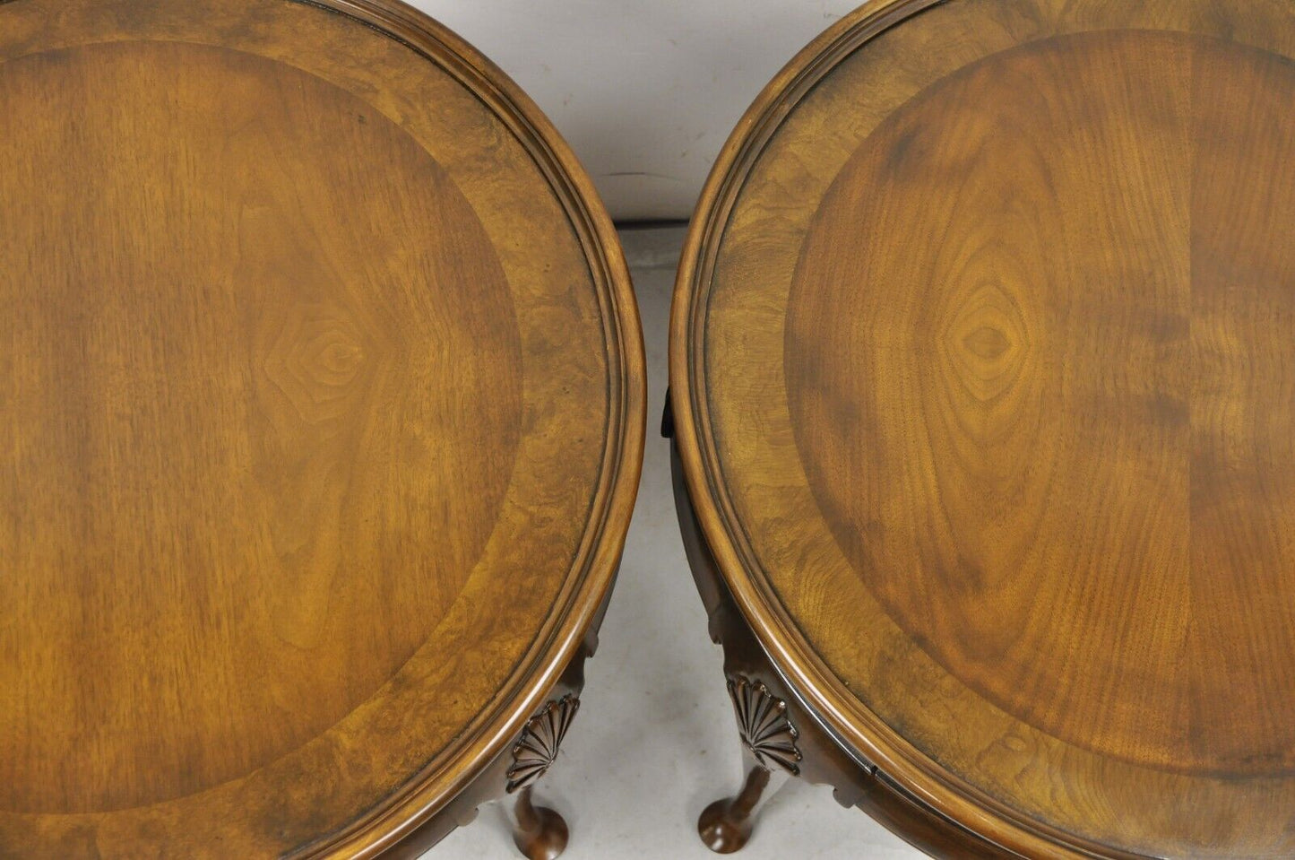 Pair Baker Furniture English Queen Anne Style Burl Walnut Round Side End Tables
