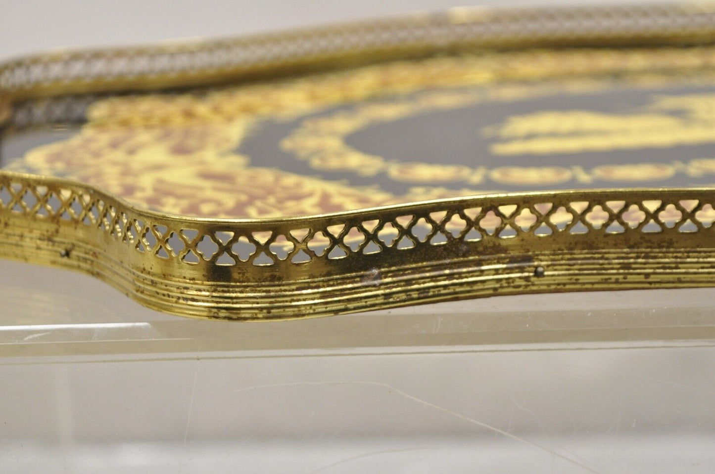 Vintage Italian Lacquered Wood and Brass Chariot Marquetry Inlay Serving Tray