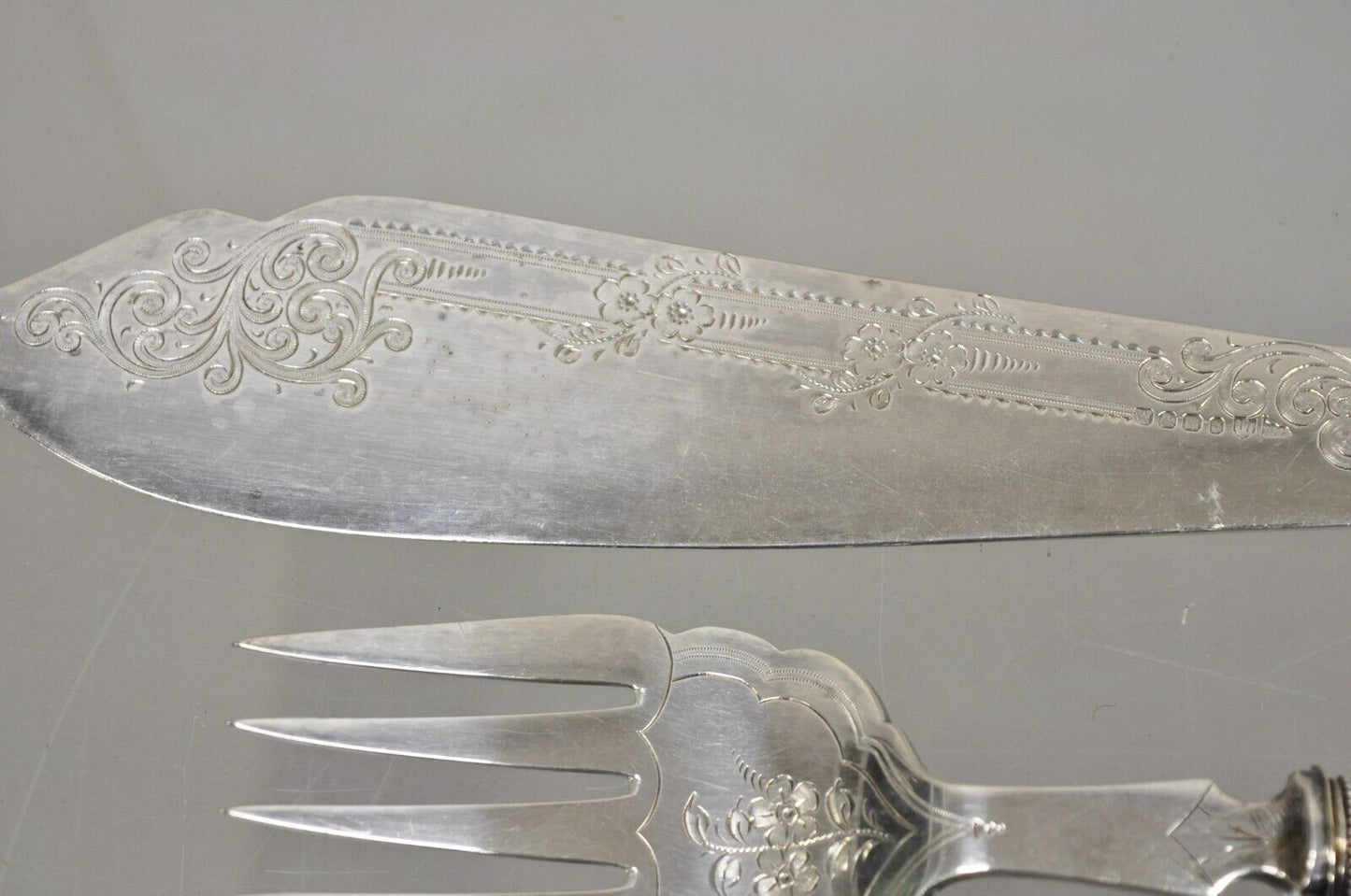 Antique English Victorian Floral Engraved Fish Knife & Fork Set Celluloid Handle