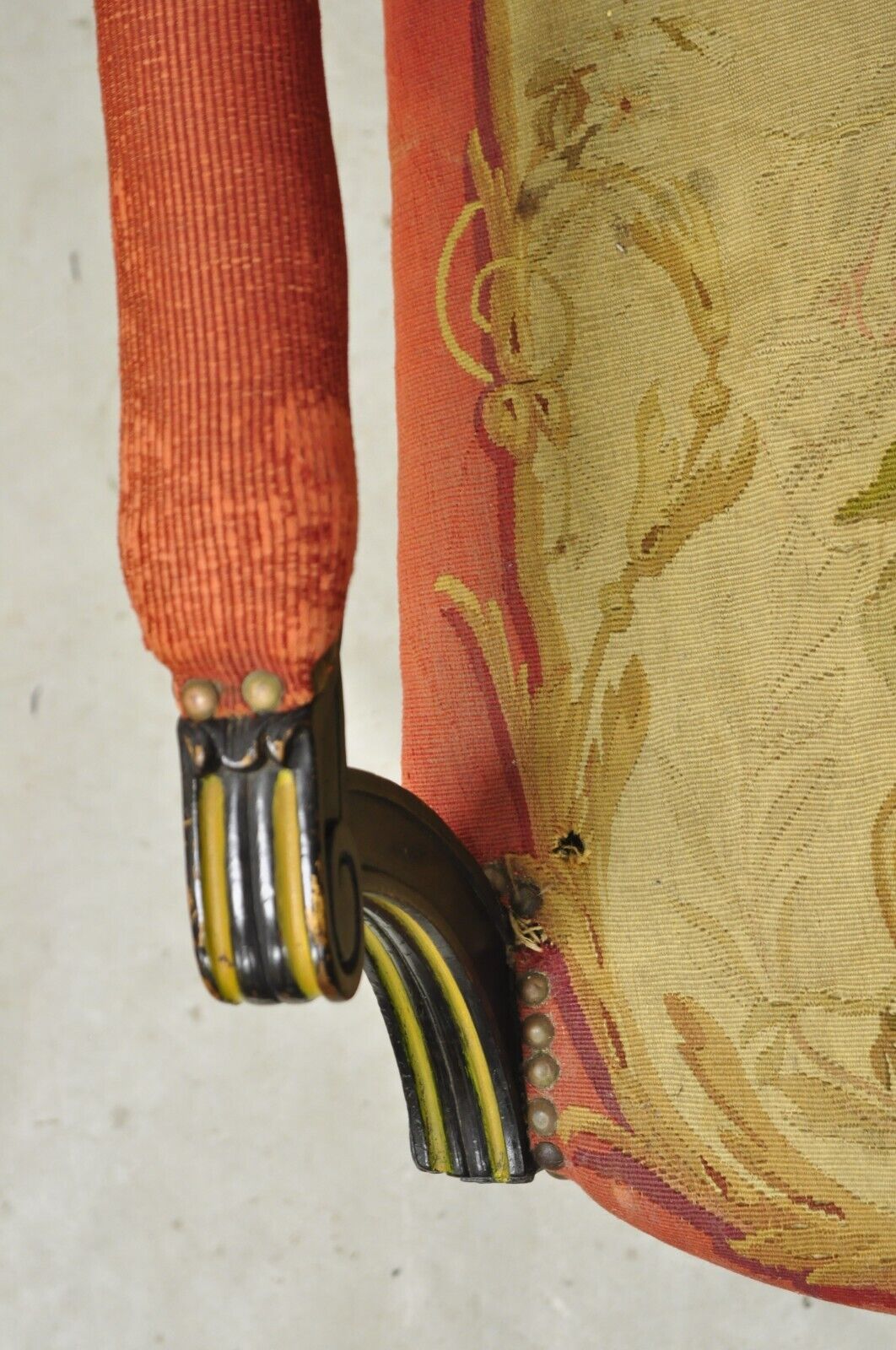 Antique French Empire Black Ebonized Walnut Needlepoint Parlor Arm Chair