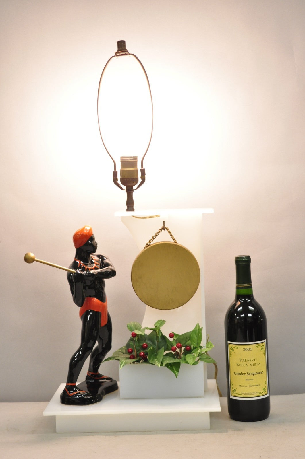 Vintage Mid Century Modern Figural African Black Male w/ Gong Acrylic Table Lamp