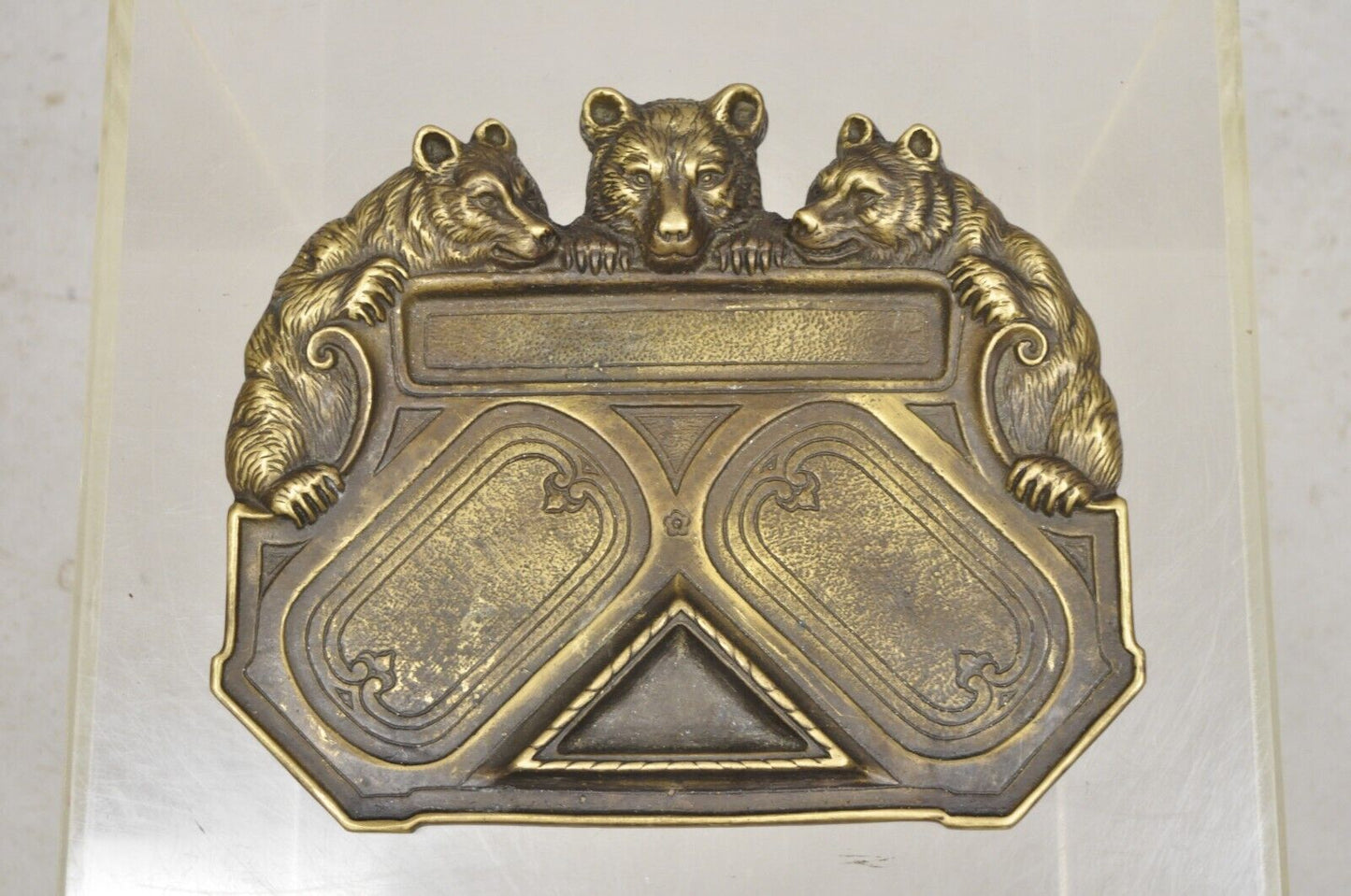 Antique Brass Bronze Black Forest Figural 3 Bears Desk Pen Tray Trinket Holder