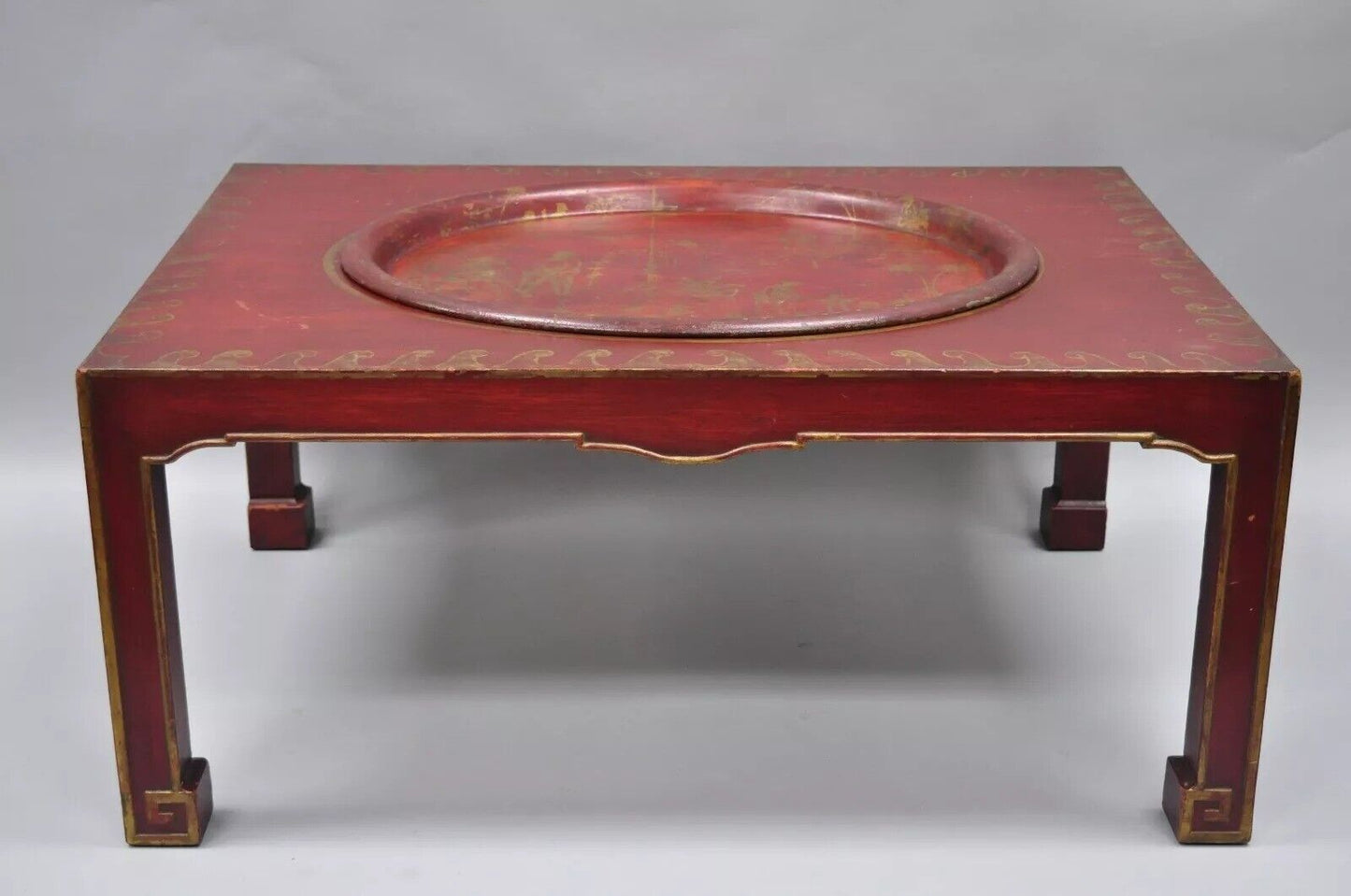 Vintage Chinoiserie Red Oriental Coffee Table with Tole Metal Serving Tray Top