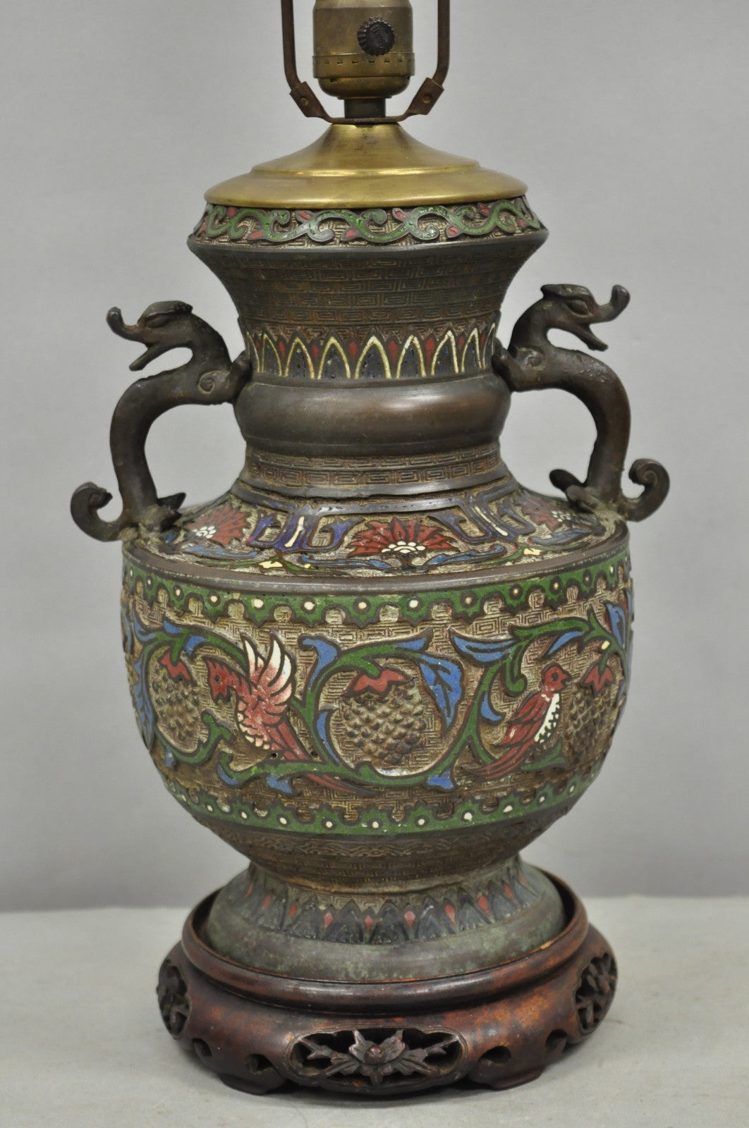 Antique Chinese Porcelain Enamel Bronze Oriental Cloisonne Champleve Table Lamp