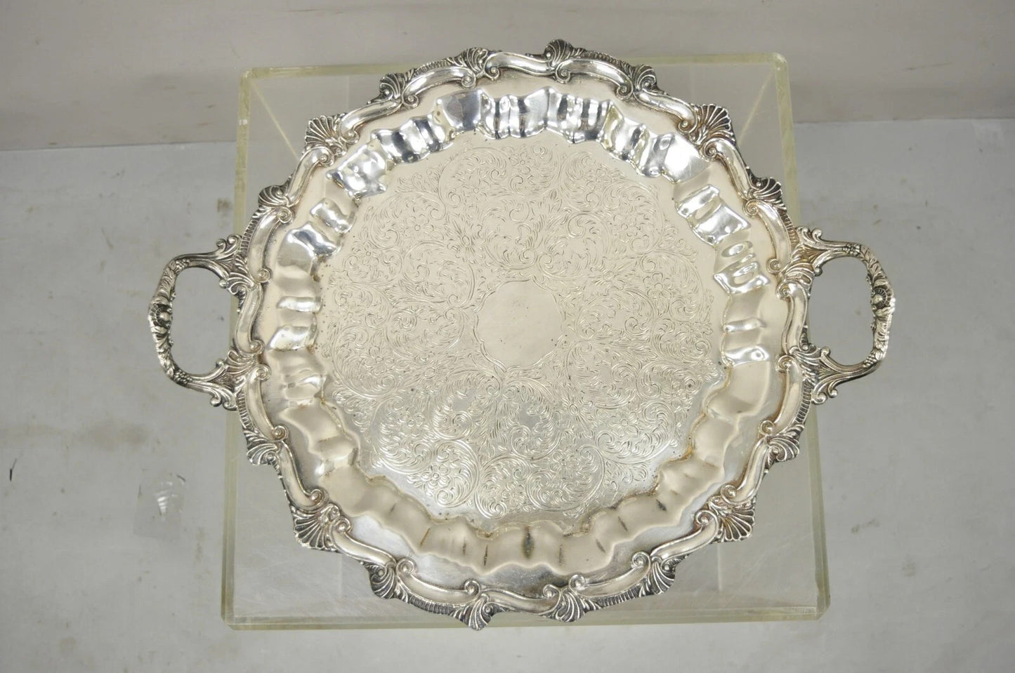 Victorian Ornate Silver Plated Twin Handle Scalloped Bar Serving Platter Tray