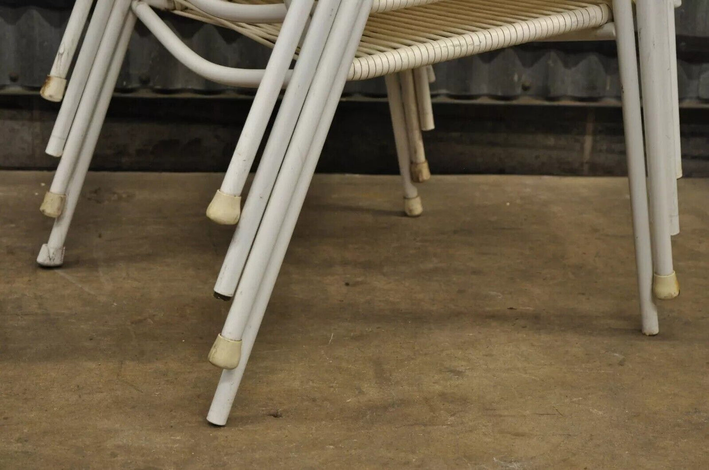 Vintage Mid Century Modern Aluminum Vinyl Rope Cord Pool Arm Chairs - Set of 4