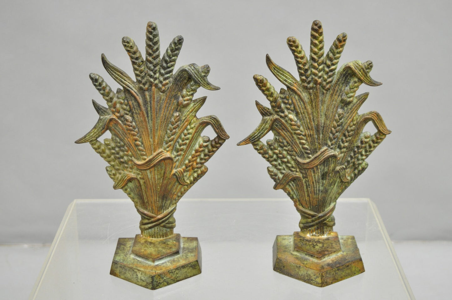 Vintage Art Nouveau Patinated Cast Metal Sheaf of Wheat Doorstop Bookends - Pair