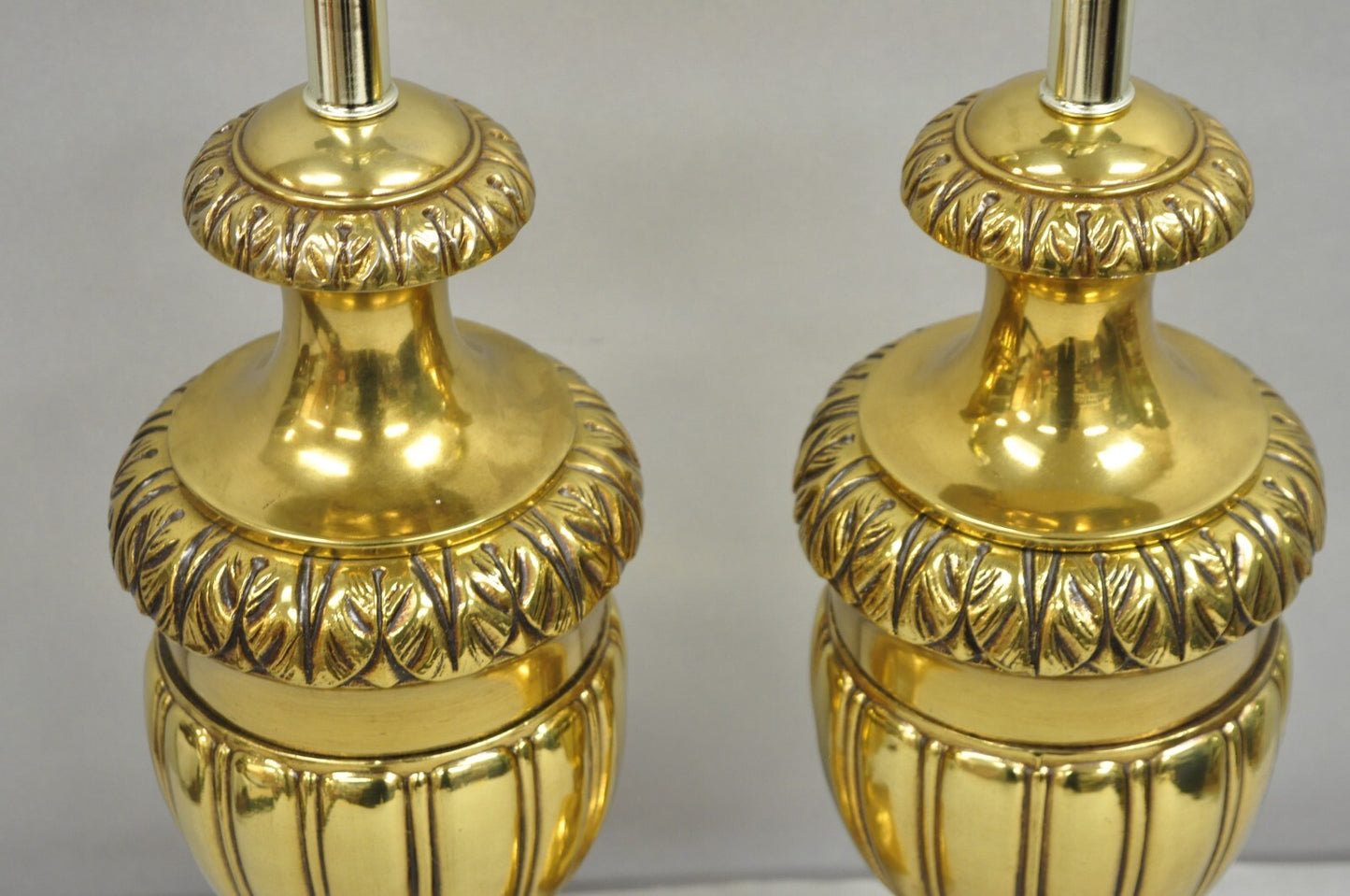 Vintage French Empire Style Gold Brass Metal Urn Form Table Lamps - a Pair