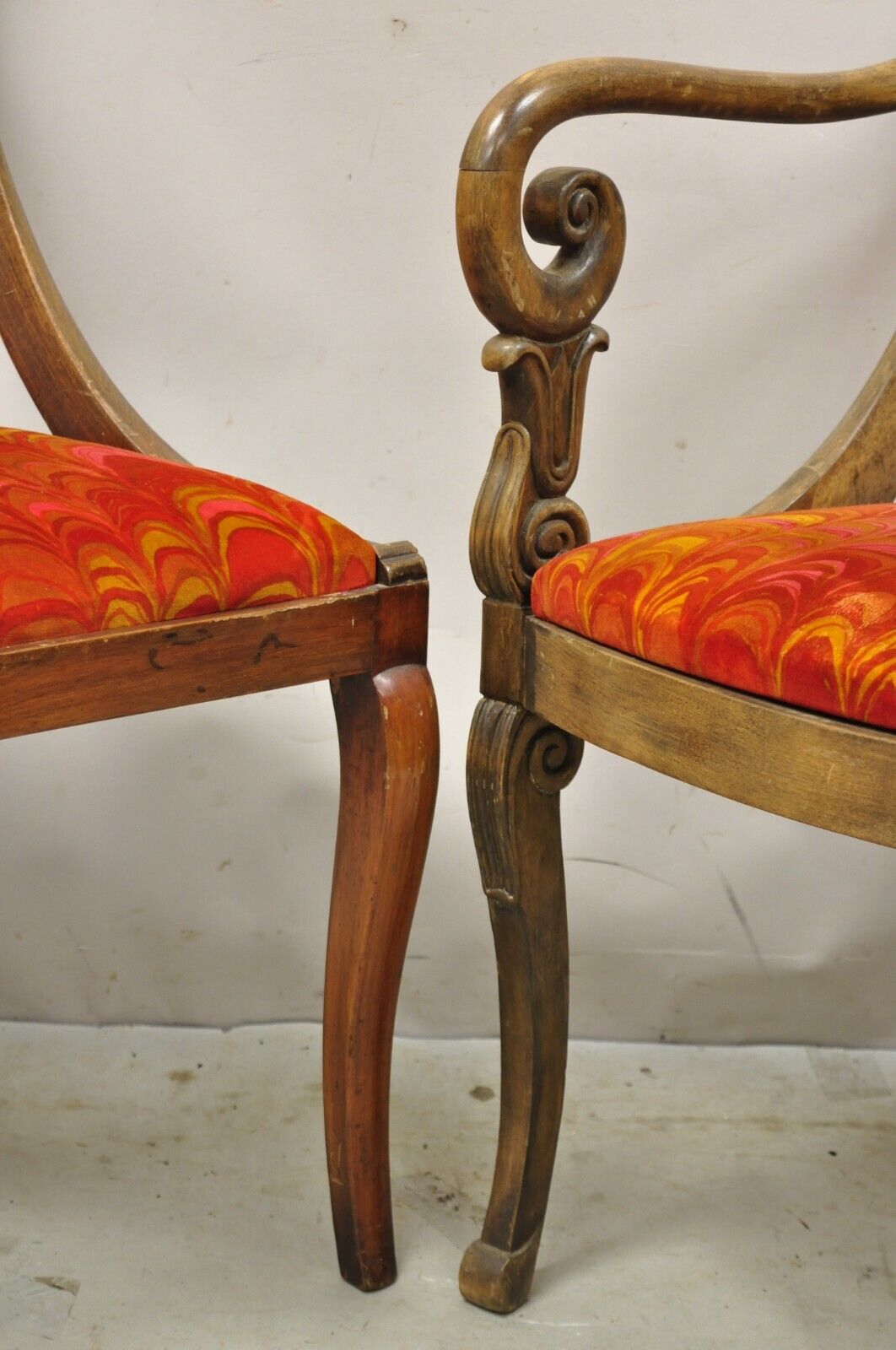 Vintage Regency Style Plume Carved Walnut Saber Leg Dining Chairs - Set of 6