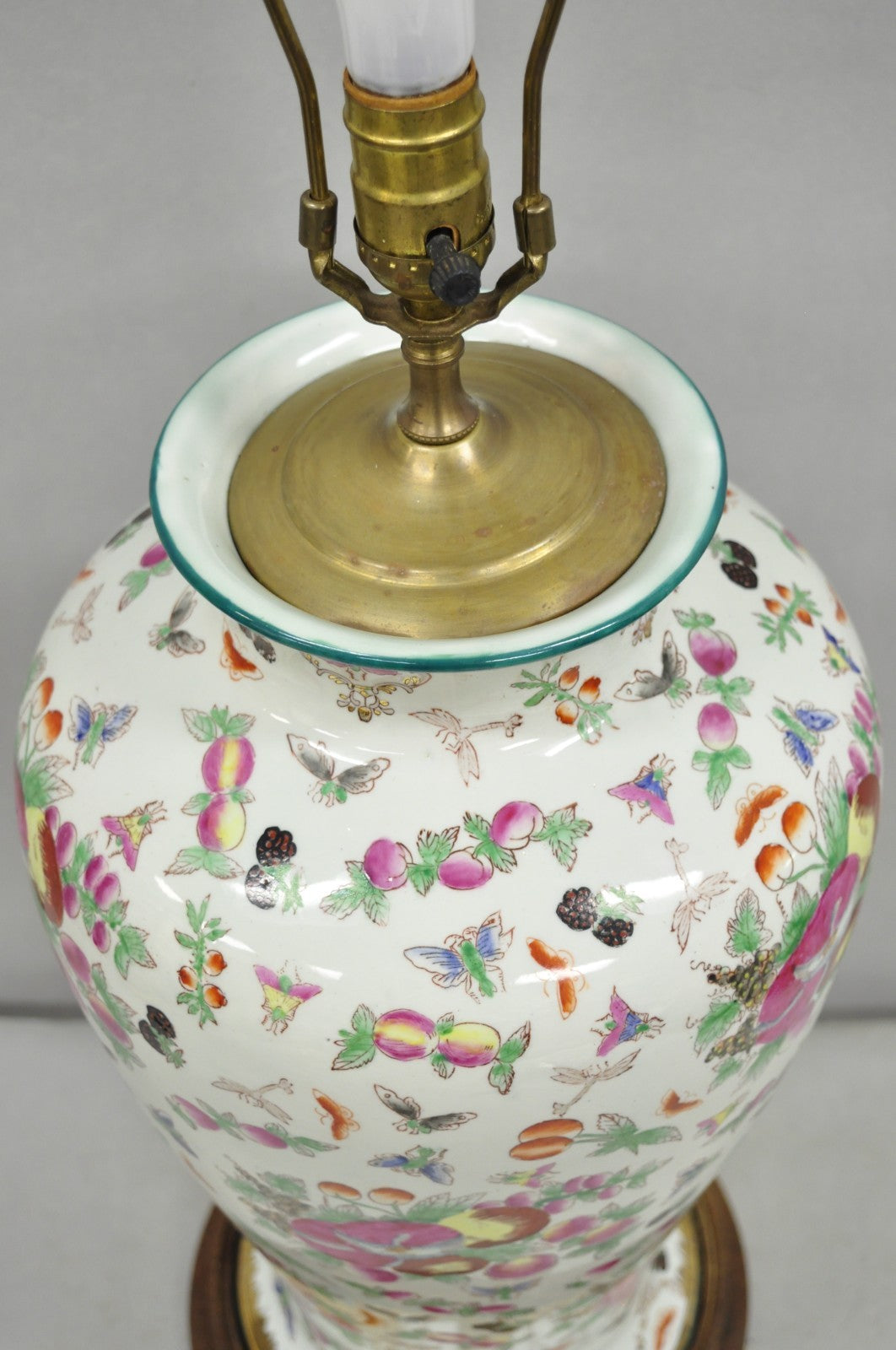 Vintage Chinoiserie Porcelain Jardinière Pink Flower Painted Large Table Lamp