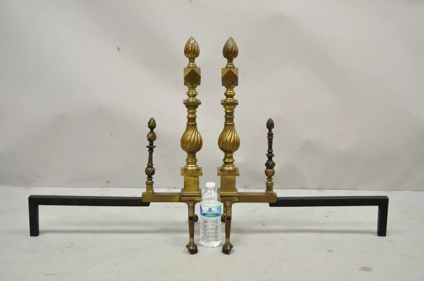 Antique Federal Brass Spiral Twist Finial Branch Leg Ball & Claw Andirons - Pair