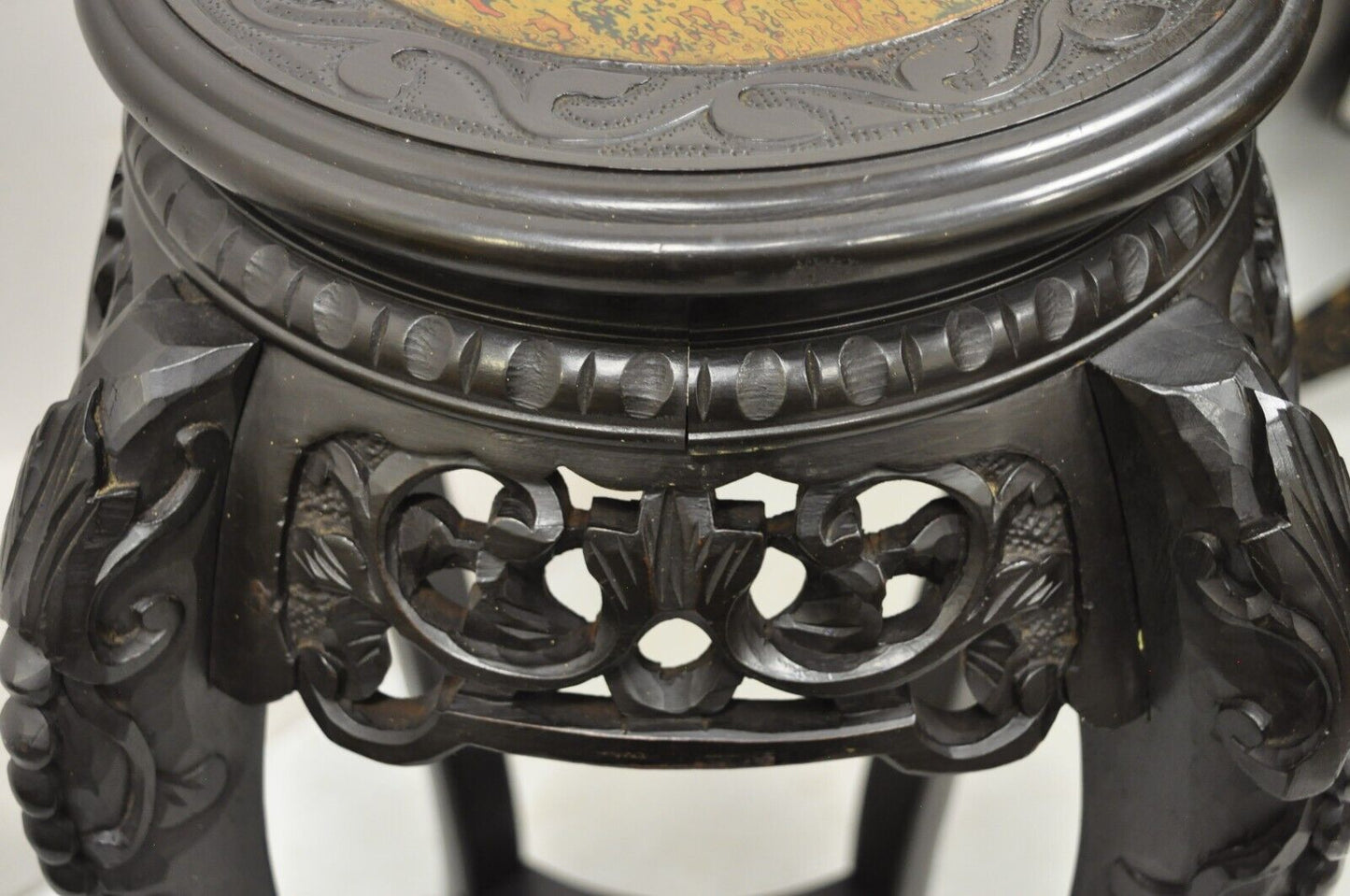 Japanese Carved Wood Black Ebonized 29" Plant Stand Side Table Lacquer Top