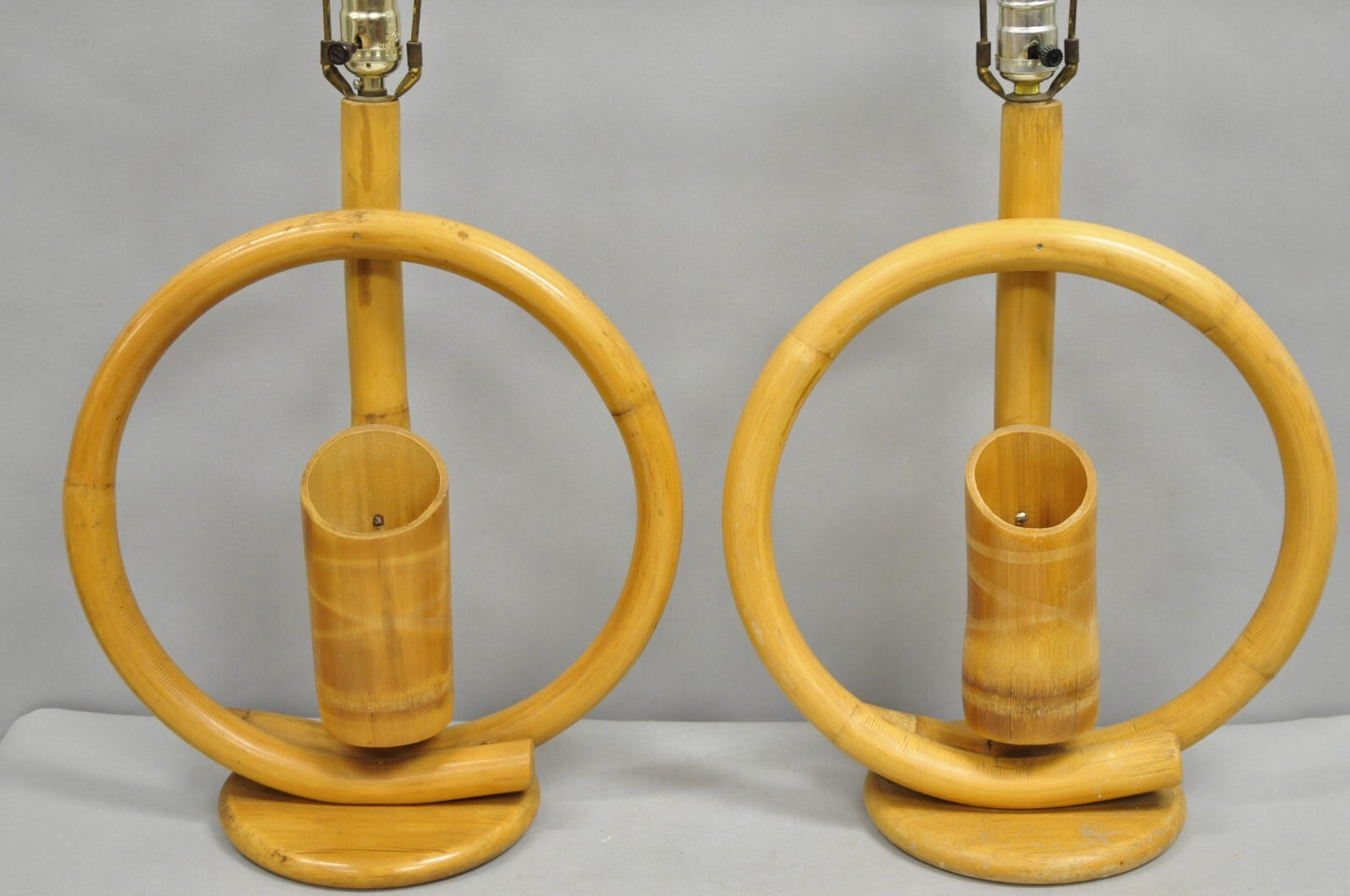 Vinatge Mid Century Modern Bentwood Bamboo Tiki Rattan Hoop Table Lamps - a Pair